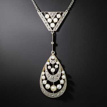 French Belle Époque Diamond and Natural Pearl Lav… - image 1