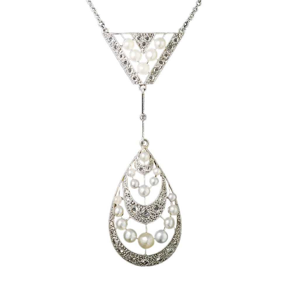 French Belle Époque Diamond and Natural Pearl Lav… - image 3