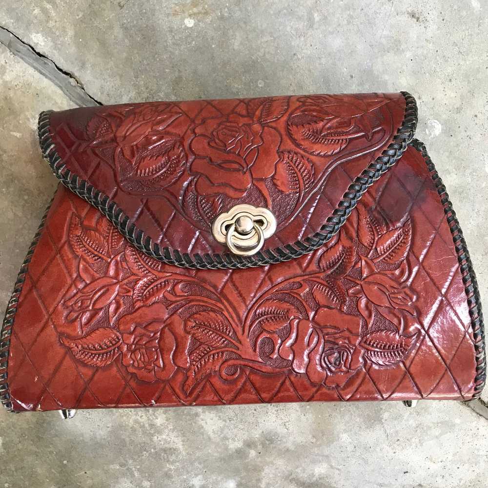 1960's Red Brown Leather Tooled Handbag - image 1