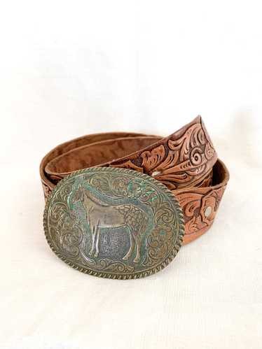 Tooled Leather Belt With Brass Horse Buckle