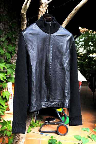 Prada Black Leather & Wool Knit Cardigan Jacket - image 1