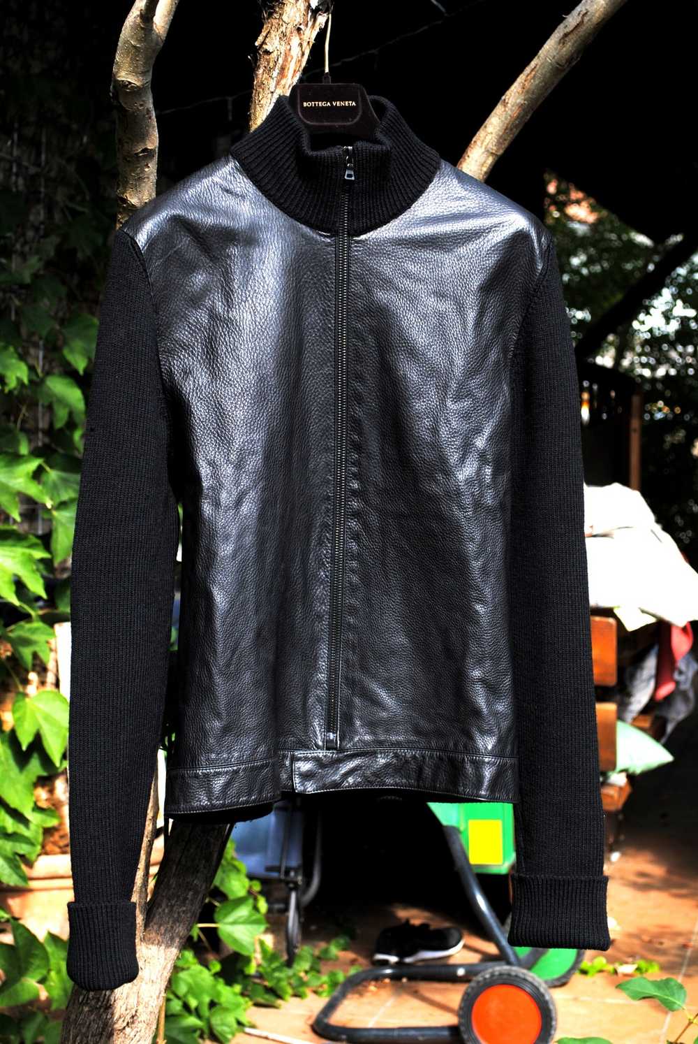 Prada Black Leather & Wool Knit Cardigan Jacket - image 2
