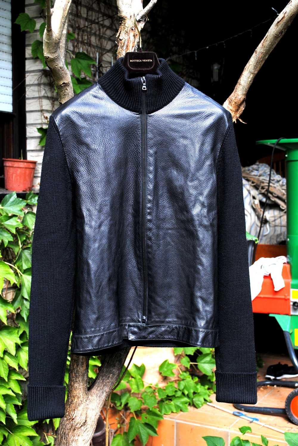 Prada Black Leather & Wool Knit Cardigan Jacket - image 3