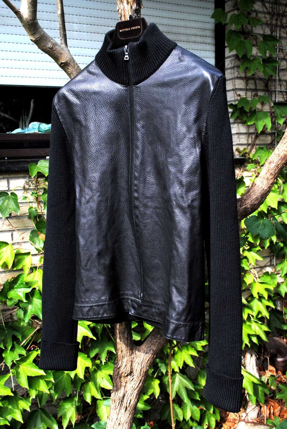 Prada Black Leather & Wool Knit Cardigan Jacket - image 4