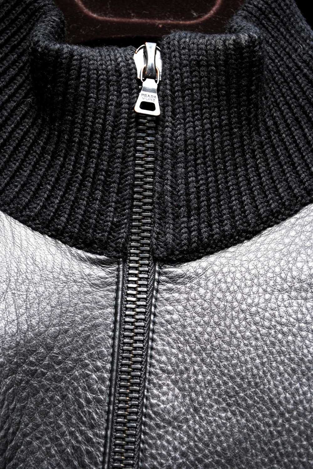 Prada Black Leather & Wool Knit Cardigan Jacket - image 6