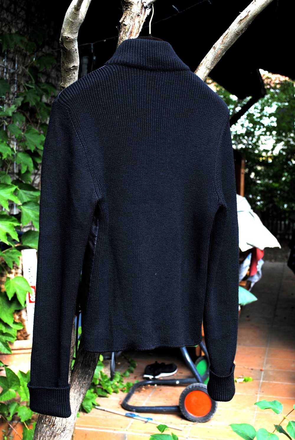 Prada Black Leather & Wool Knit Cardigan Jacket - image 8