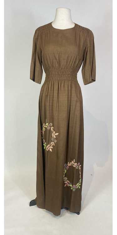 1970s Brown Embroidered Cropped Sleeve Maxi Dress