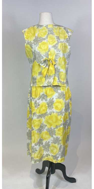 Early 1960s Yellow and Grey Watercolor Floral Prin