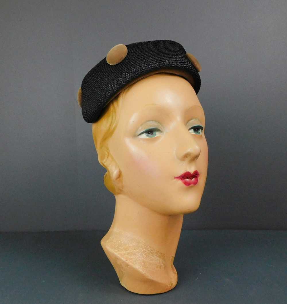 Vintage Black Straw Hat with Brown Velvet Buttons… - image 2