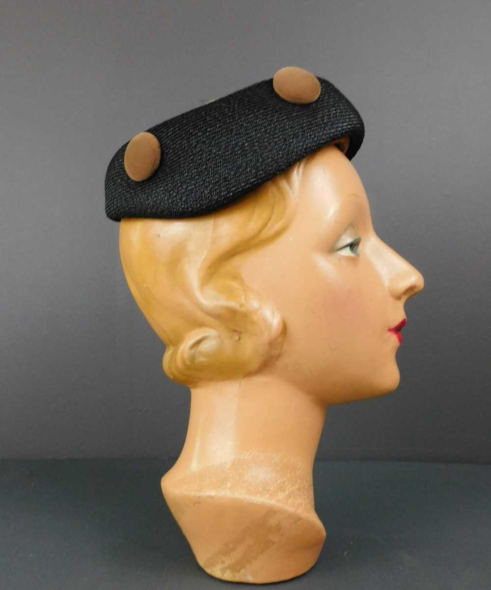 Vintage Black Straw Hat with Brown Velvet Buttons… - image 3