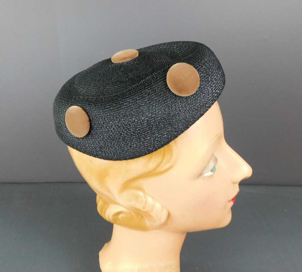 Vintage Black Straw Hat with Brown Velvet Buttons… - image 4