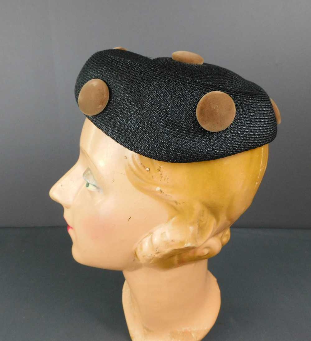 Vintage Black Straw Hat with Brown Velvet Buttons… - image 5