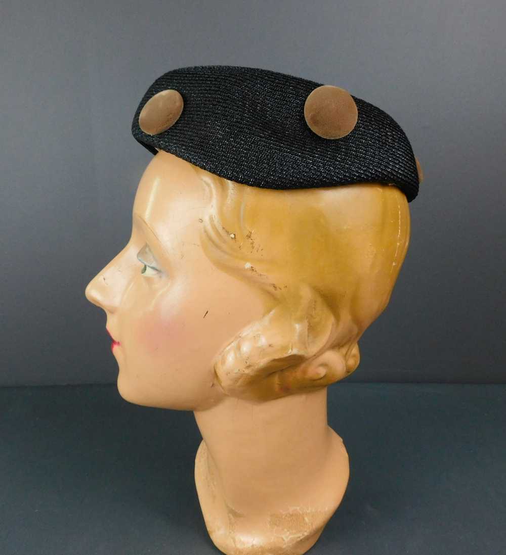 Vintage Black Straw Hat with Brown Velvet Buttons… - image 6