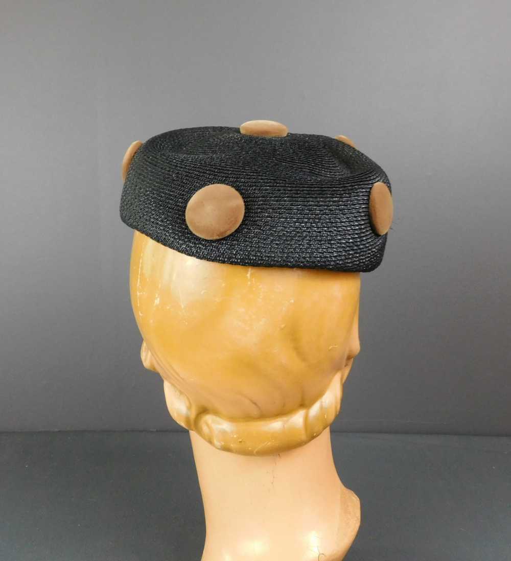 Vintage Black Straw Hat with Brown Velvet Buttons… - image 7