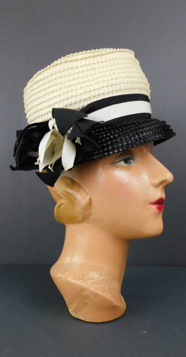 Vintage Ivory & Black Straw Hat with Ribbons, 1960