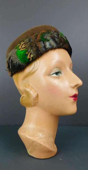 Vintage Brown Velour Hat with Brown & Green Feathe
