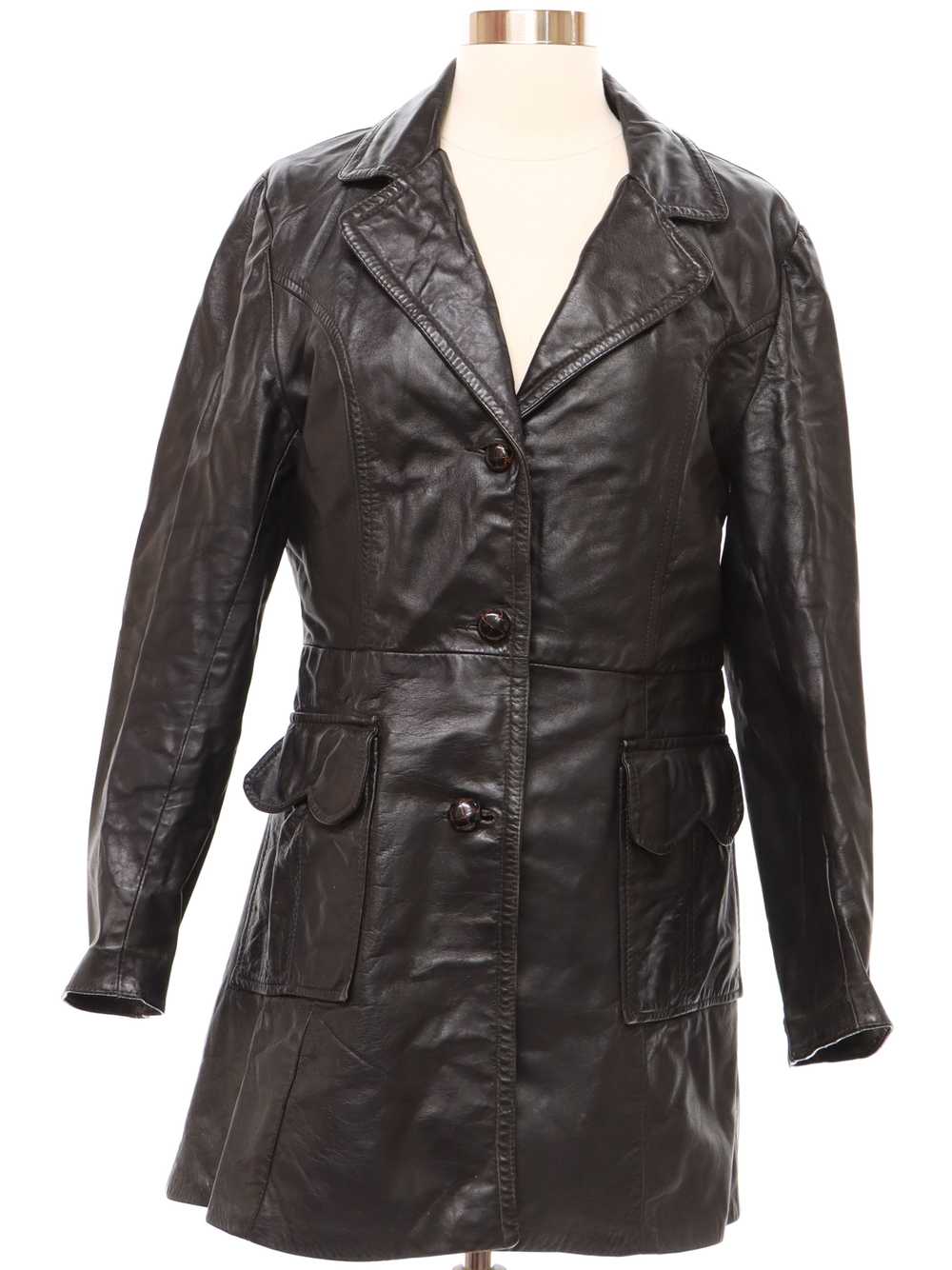 1970 S Adler Womens Black Leather Trench Coat Jacket Gem