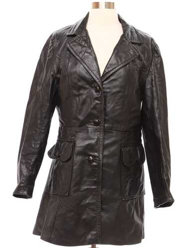 1970's Adler Womens Black Leather Trench Coat Jacket - Gem