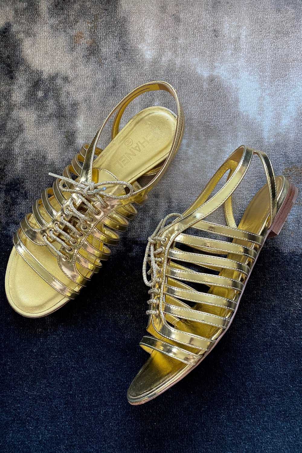 CHANEL GOLD LACE-UP CAGE SHOE - image 1