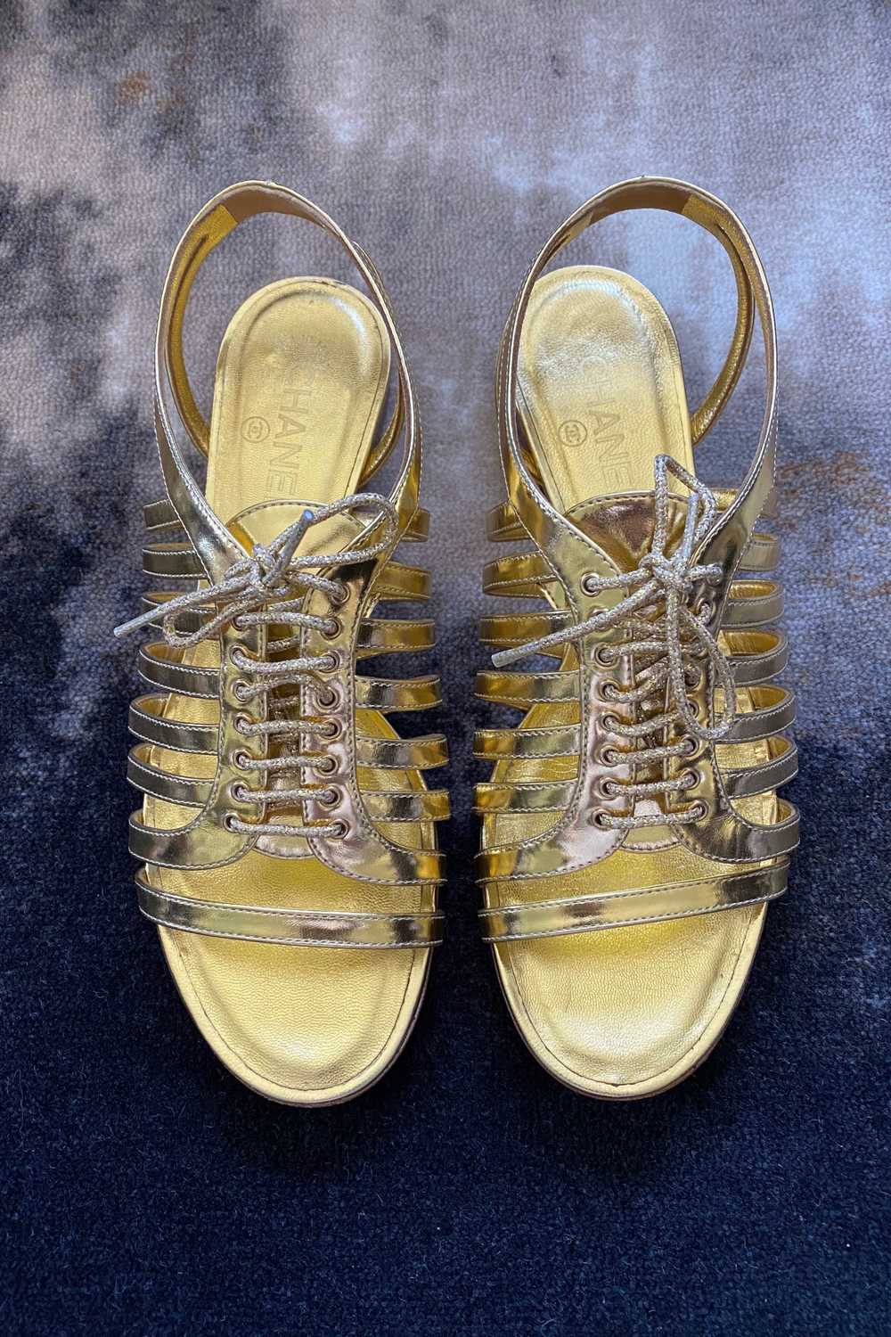 CHANEL GOLD LACE-UP CAGE SHOE - image 2