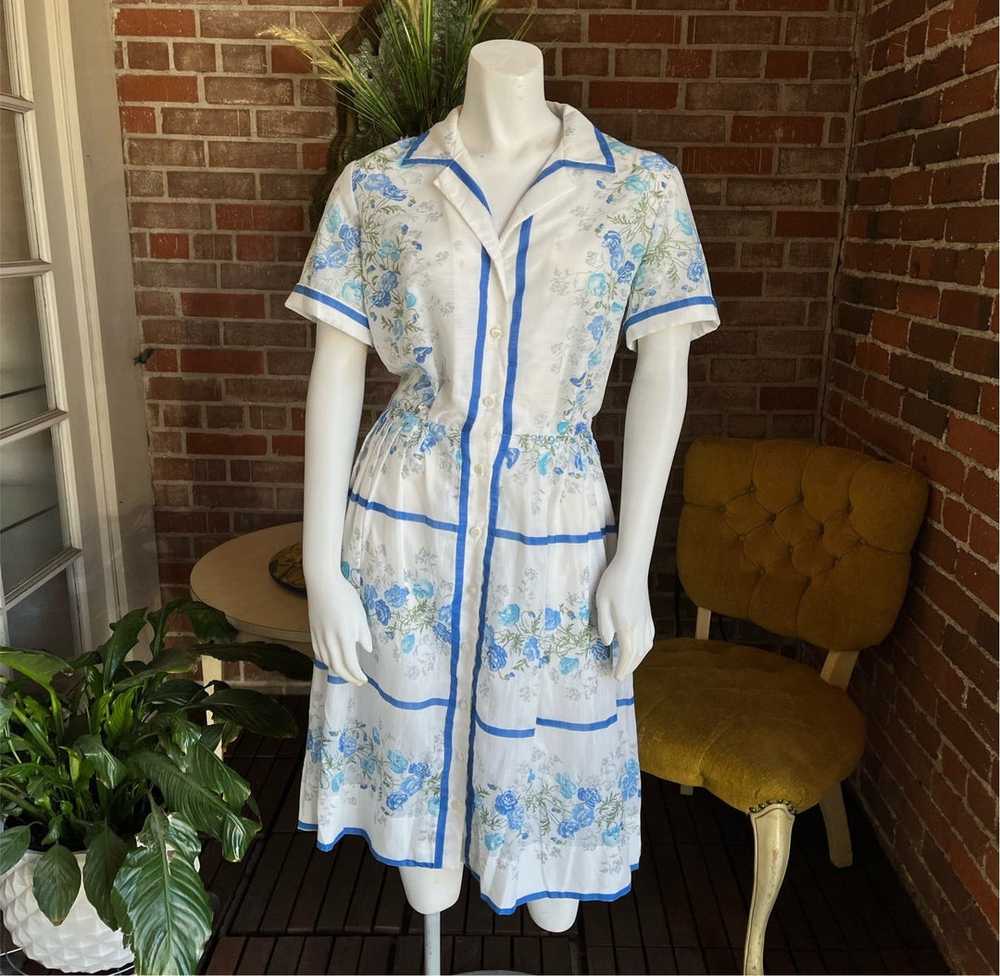 1950s Sheer Blue Roses Dress - image 1