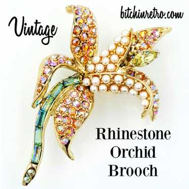 Orchid Rhinestone and Pearl Brooch Vintage Flower… - image 1