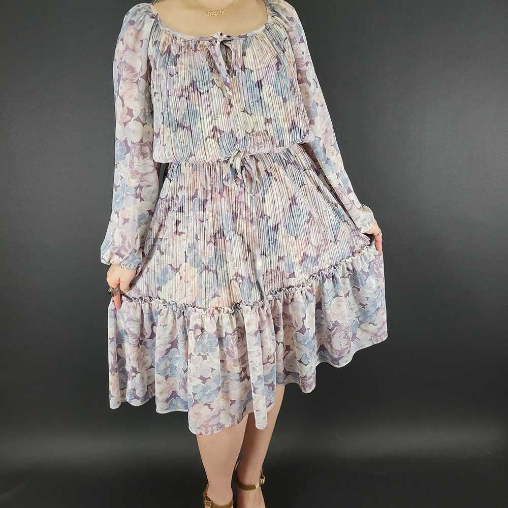 70s Tracy Floral Long Sleeve Pleated Dress - image 1