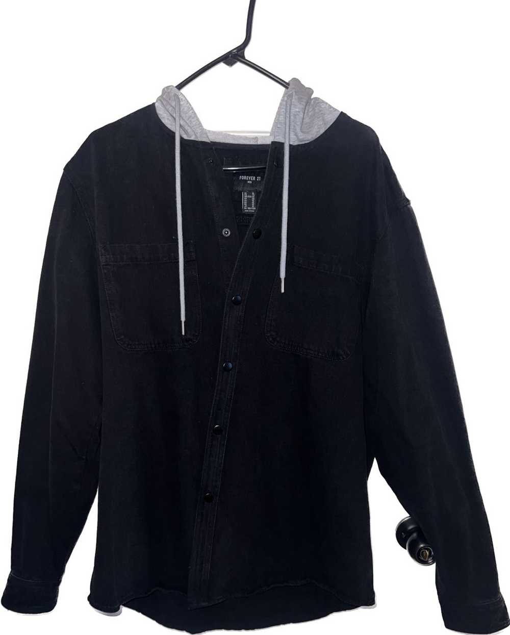 Forever 21 BUTTON UP HOODED BLACK DENIM SHIRT - image 1