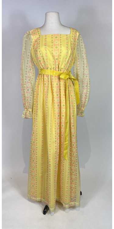 1970s Yellow Floral Print Maxi Prairie Dress