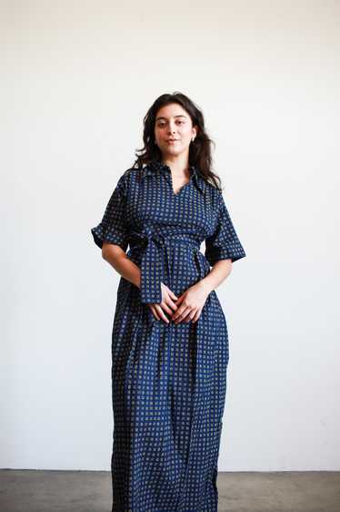 1970s Navy Indian Cotton Print Maxi Dress