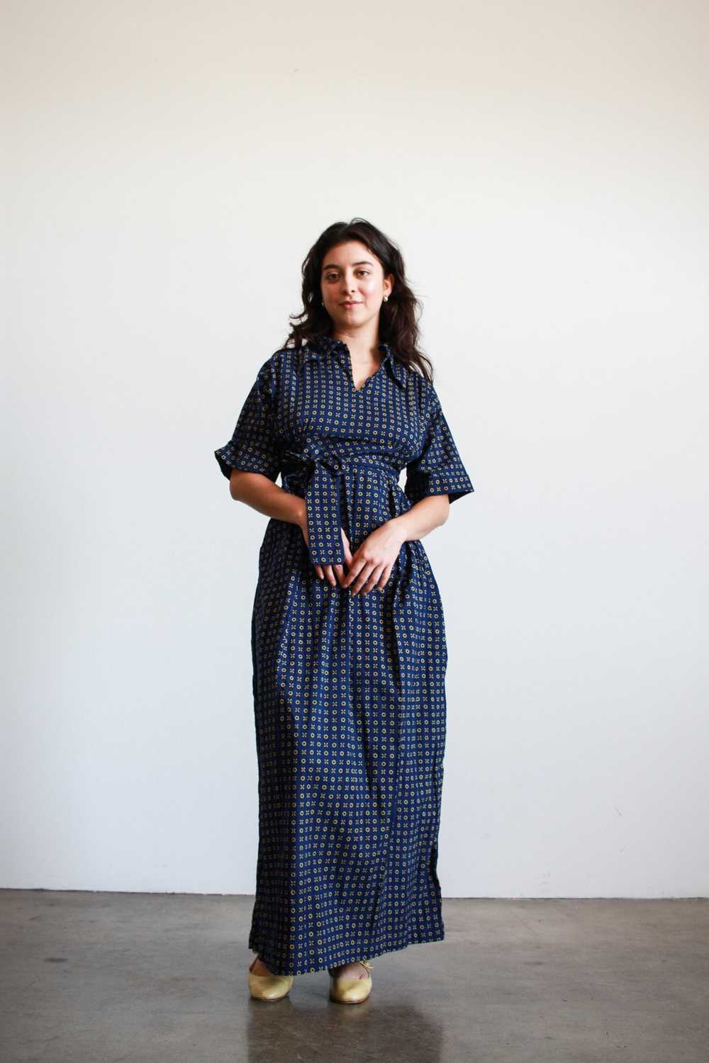 1970s Navy Indian Cotton Print Maxi Dress - image 2