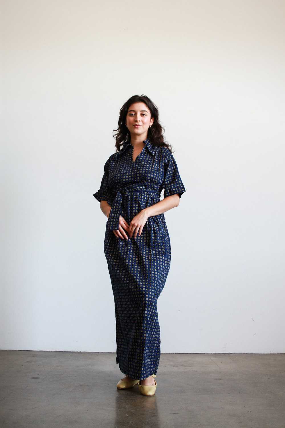 1970s Navy Indian Cotton Print Maxi Dress - image 3