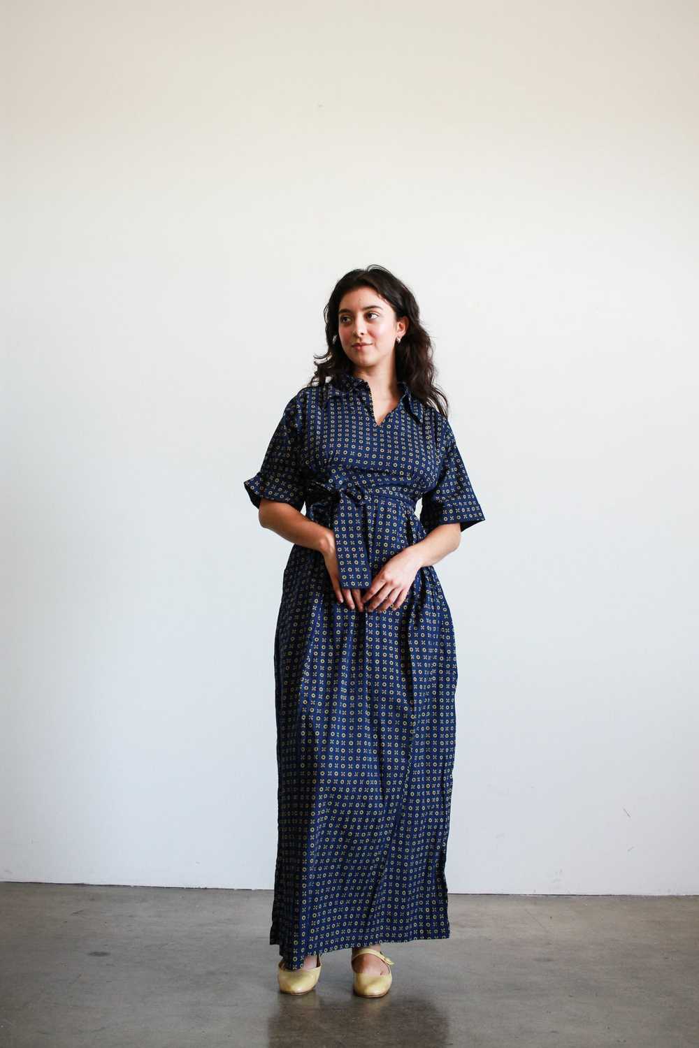 1970s Navy Indian Cotton Print Maxi Dress - image 4