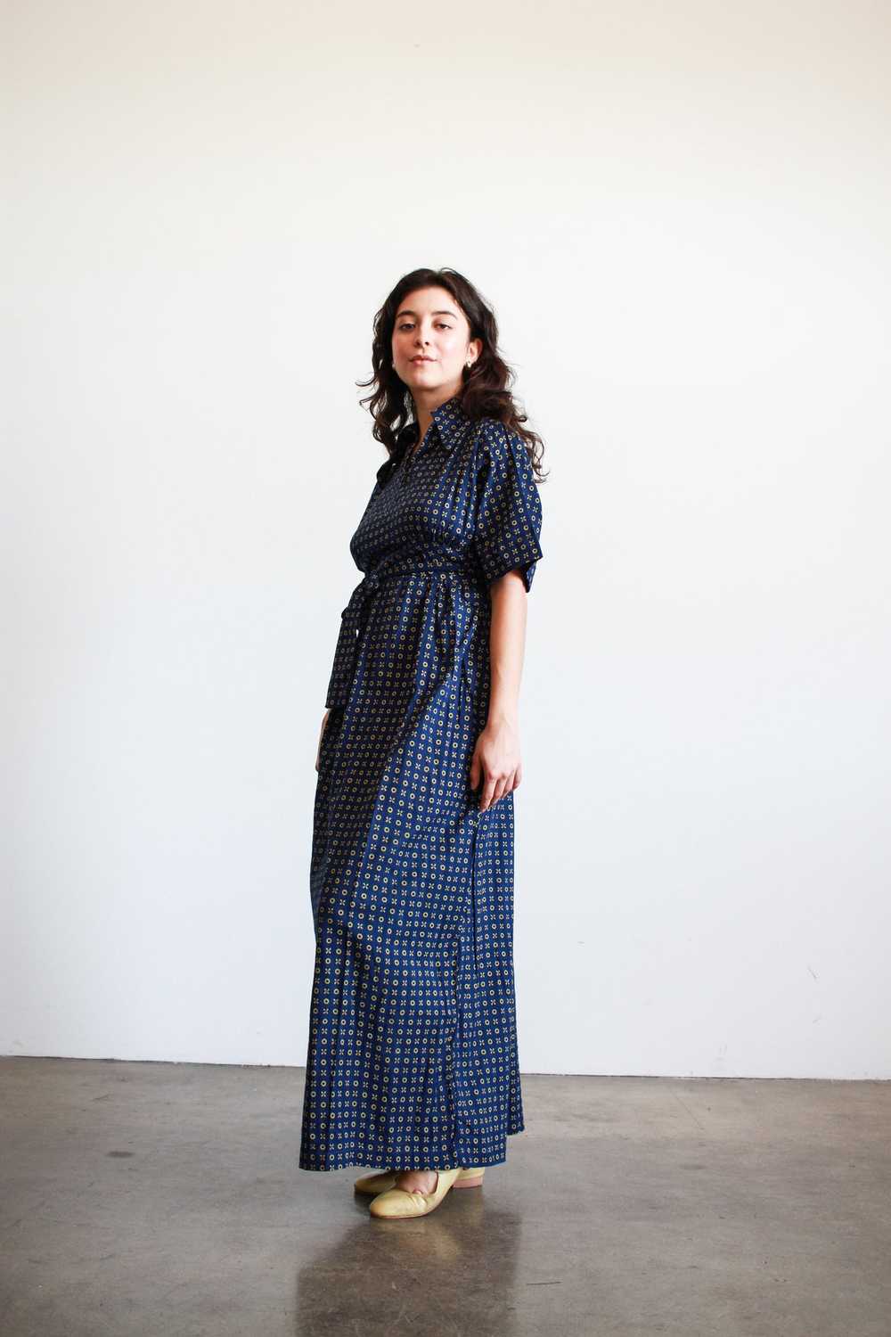 1970s Navy Indian Cotton Print Maxi Dress - image 5