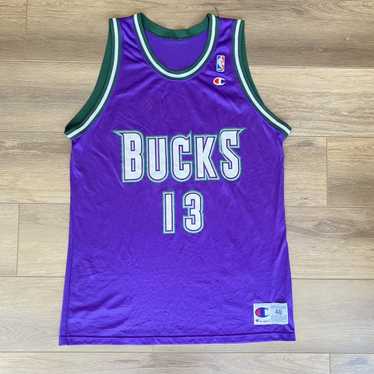 AuthenticThrowbacks Vintage 90's Milwaukee Bucks Basketball NBA Ray Allen #34 Forrest Green Purple & White Rare Lee Brand Sweatshirt (Made in Usa) (Size L)