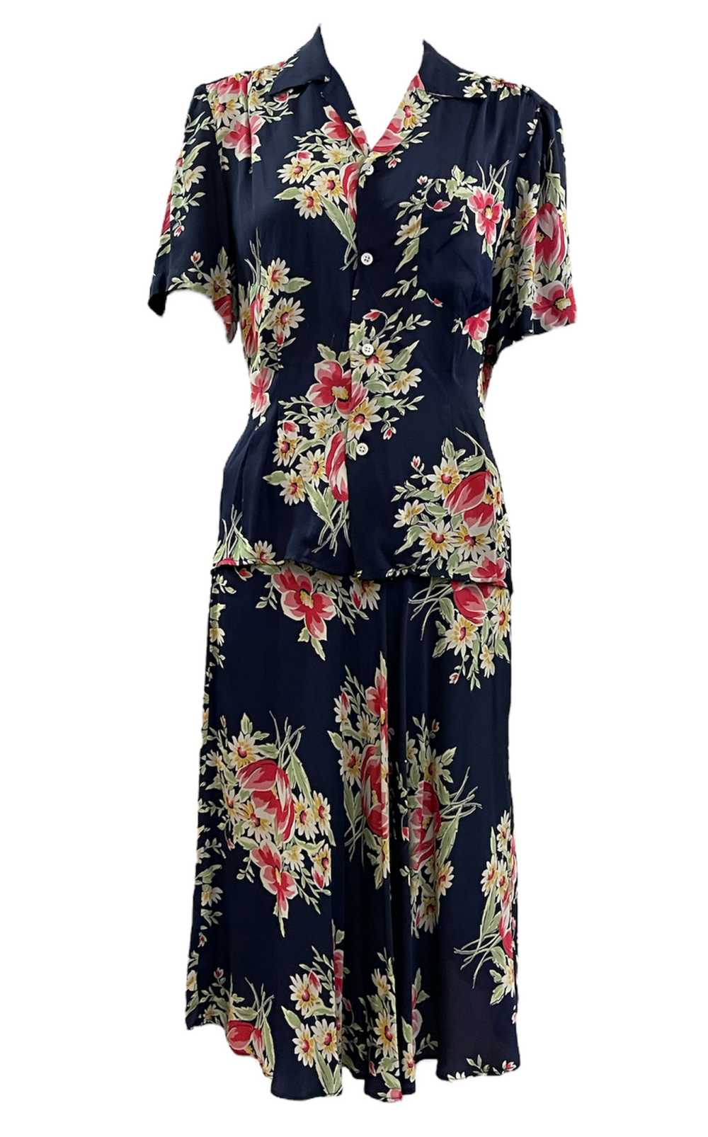 40s Blue Floral Rayon Blouse and Skirt Set - image 1