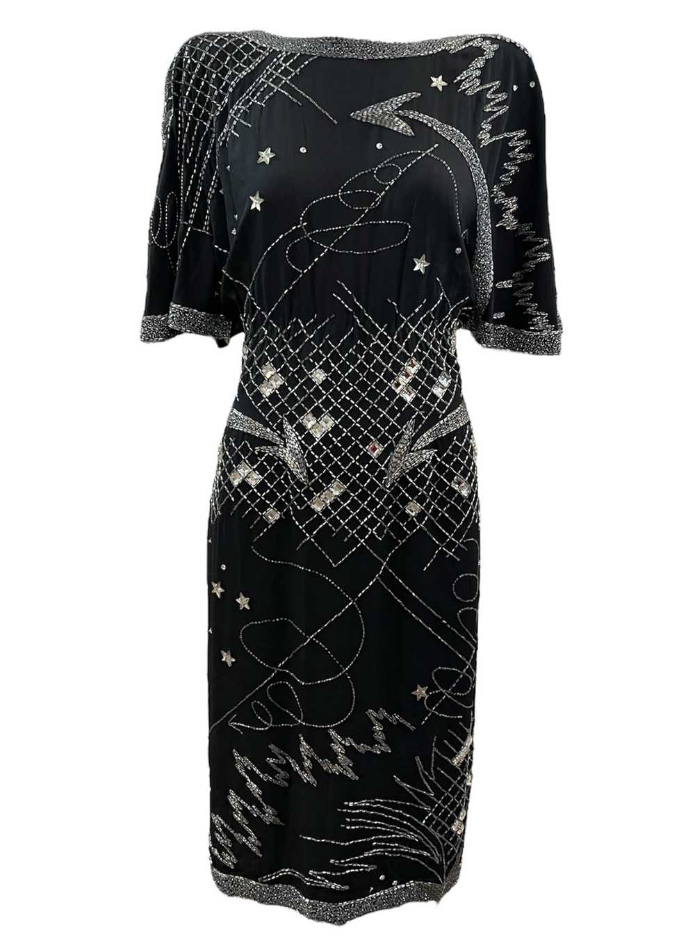 Fabrice 80s Black Beaded Cocktail Dress with Stars - image 1