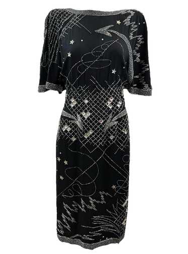 Fabrice 80s Black Beaded Cocktail Dress with Stars - image 1