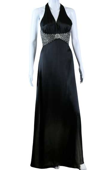 Black Satin Jeweled Waist Maxi Dress