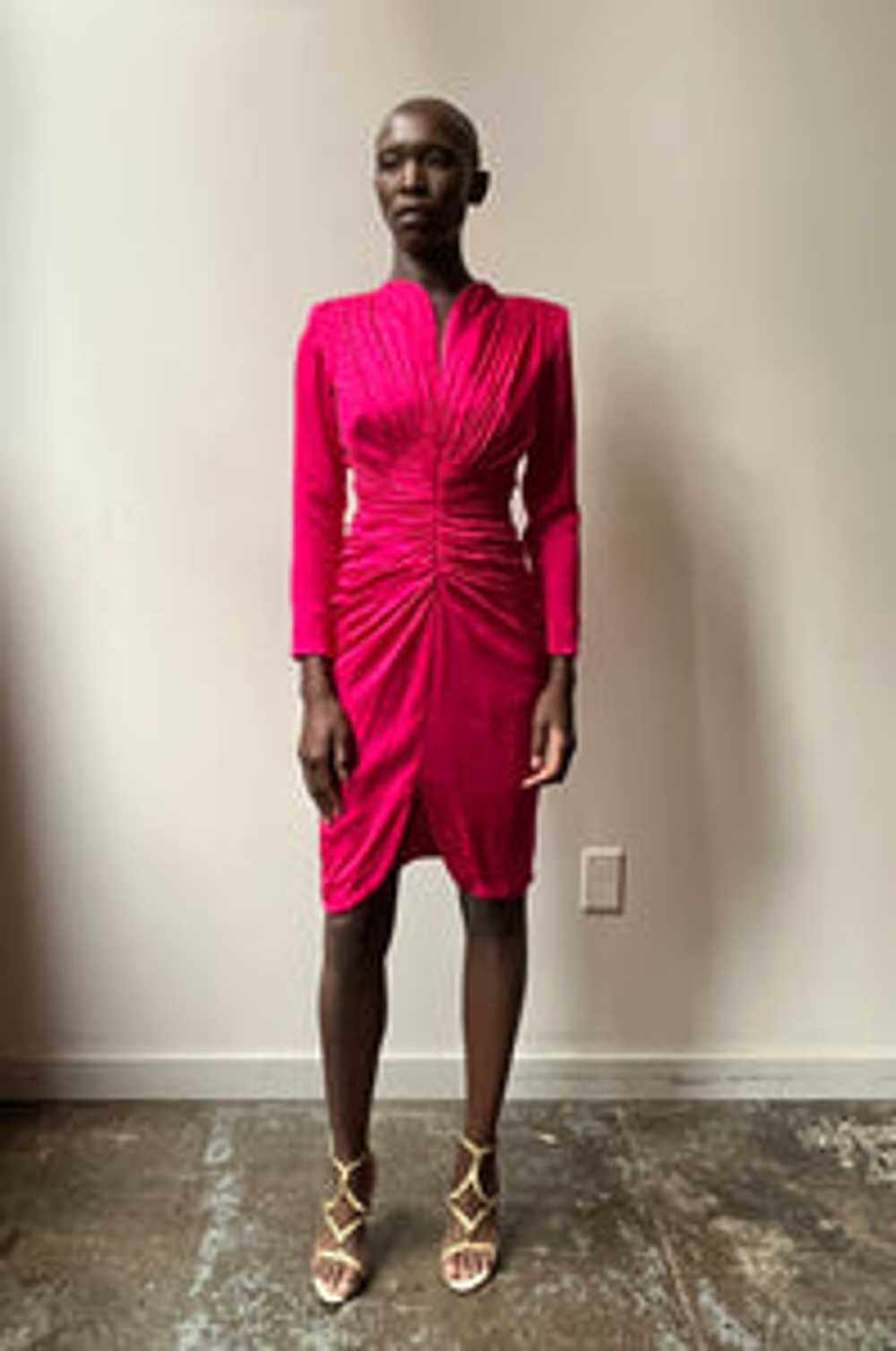 Vicky Tiel Couture Hot Pink Silk Ruched Dress - image 1