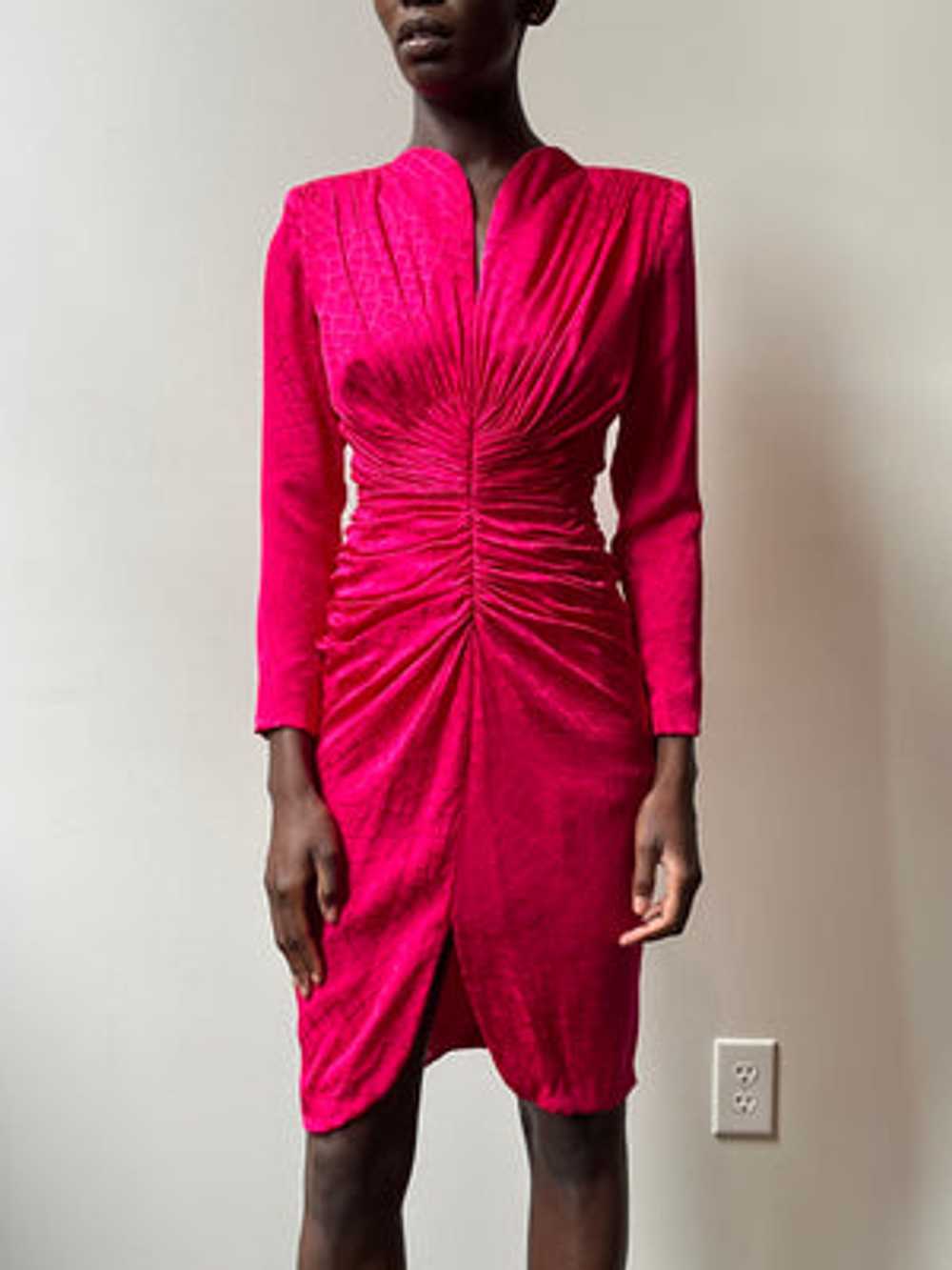 Vicky Tiel Couture Hot Pink Silk Ruched Dress - image 2