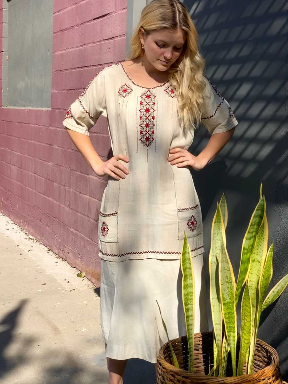 Antique Embroidered Linen Dress - image 2