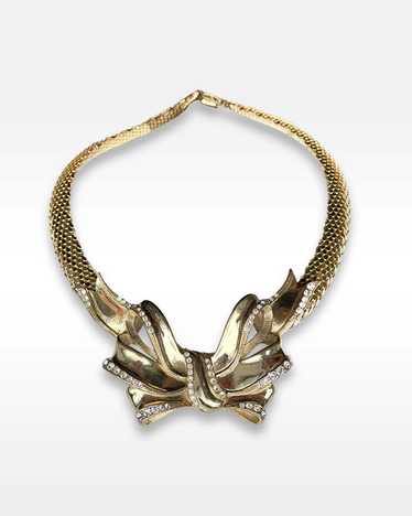 Whiting and Davis Gold and Rhinestone Bow Necklace - image 1