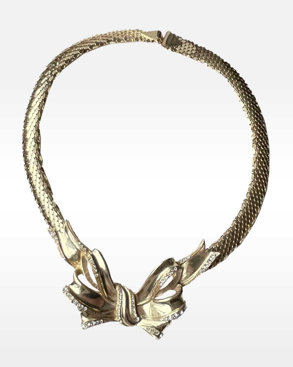 Whiting and Davis Gold and Rhinestone Bow Necklace - image 3