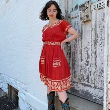 Red Embroidered Peasant Dress - image 1