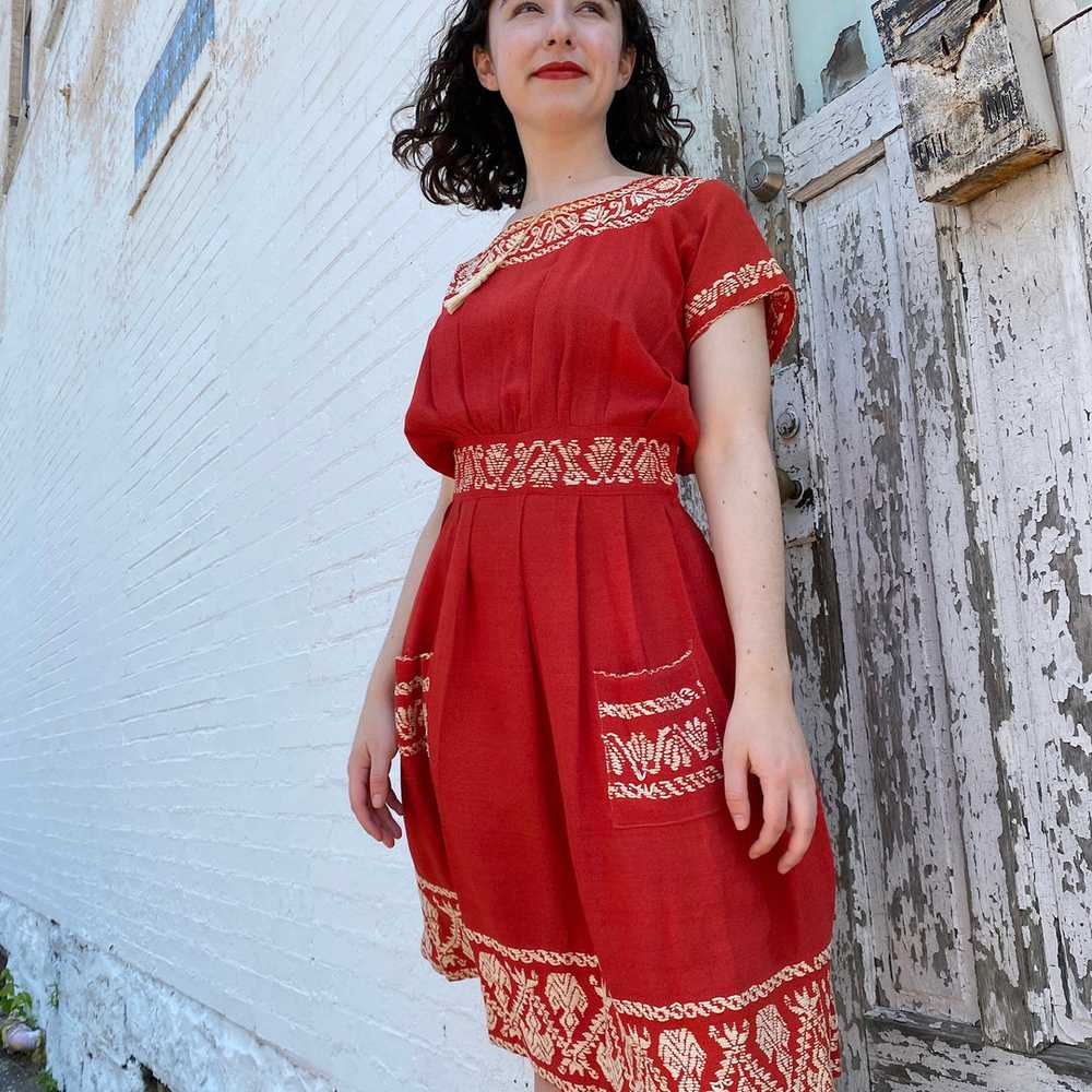 Red Embroidered Peasant Dress - image 2