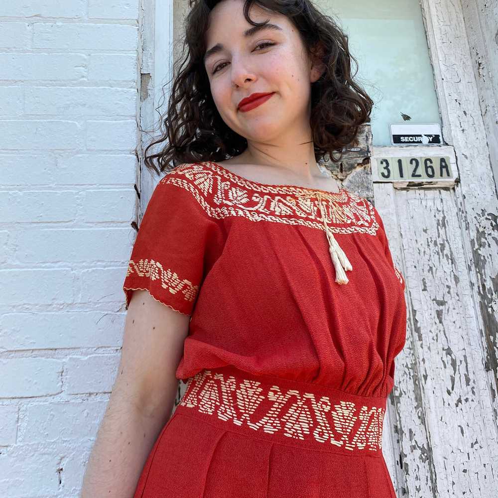 Red Embroidered Peasant Dress - image 3