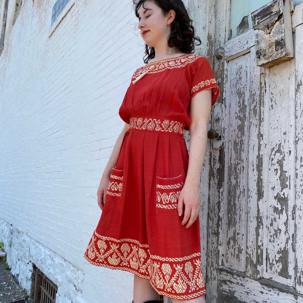 Red Embroidered Peasant Dress - image 4