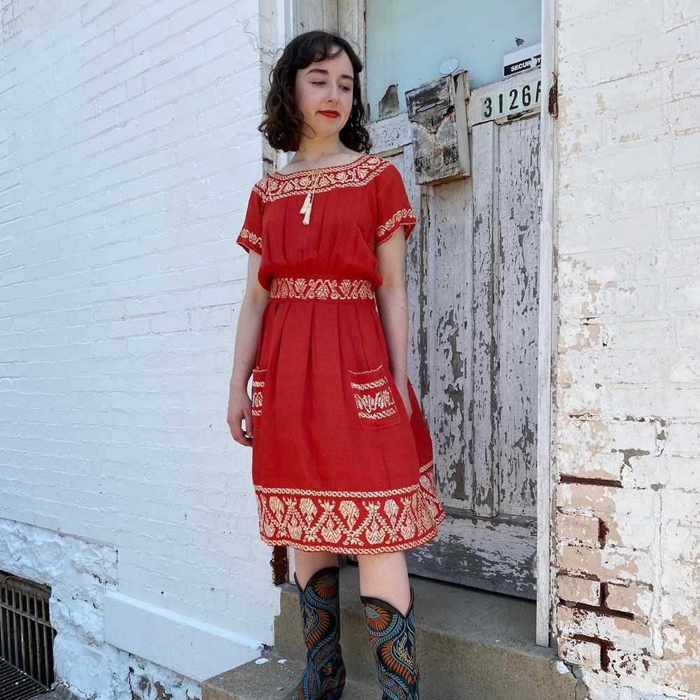 Red Embroidered Peasant Dress - image 5