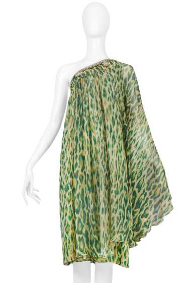 CHRISTIAN DIOR GREEN LEOPARD ONE SHOULDER SARI DRE